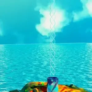 A small sandstone low poly island in the ocean, in the center there's an octagonal tube shooting out a chrome triple helix into the sky. The camera zooms out and pans towards the digitally compressed clouds.