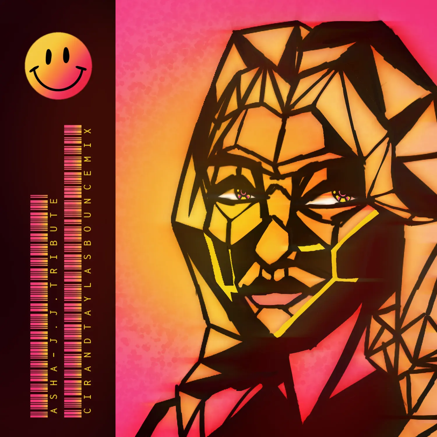 A drawing of a low-poly wireframe woman's head, looking into the camera with a nuetral expression, in front of a hot pink and yellow airbrush background. Along the left side, A barcode with &quot;Asha - J.J. Tribute (Cir & Tayla's bounce mix)&quot; written vertically beside it. Above the text is a rave smiley face.
