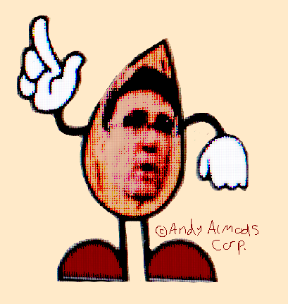 Andy the cartoon almond holding up a finger. "Copyright Andy Almods Corp." is crudely scribbled beside him.