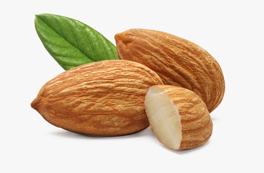 three almonds with leaves, one almond cut in half